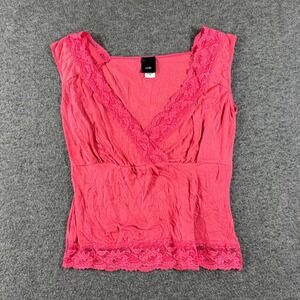 Y2K j.t.b. empire waist shirt‎ Womens Medium M Barbie Pink Lace Trim cross over